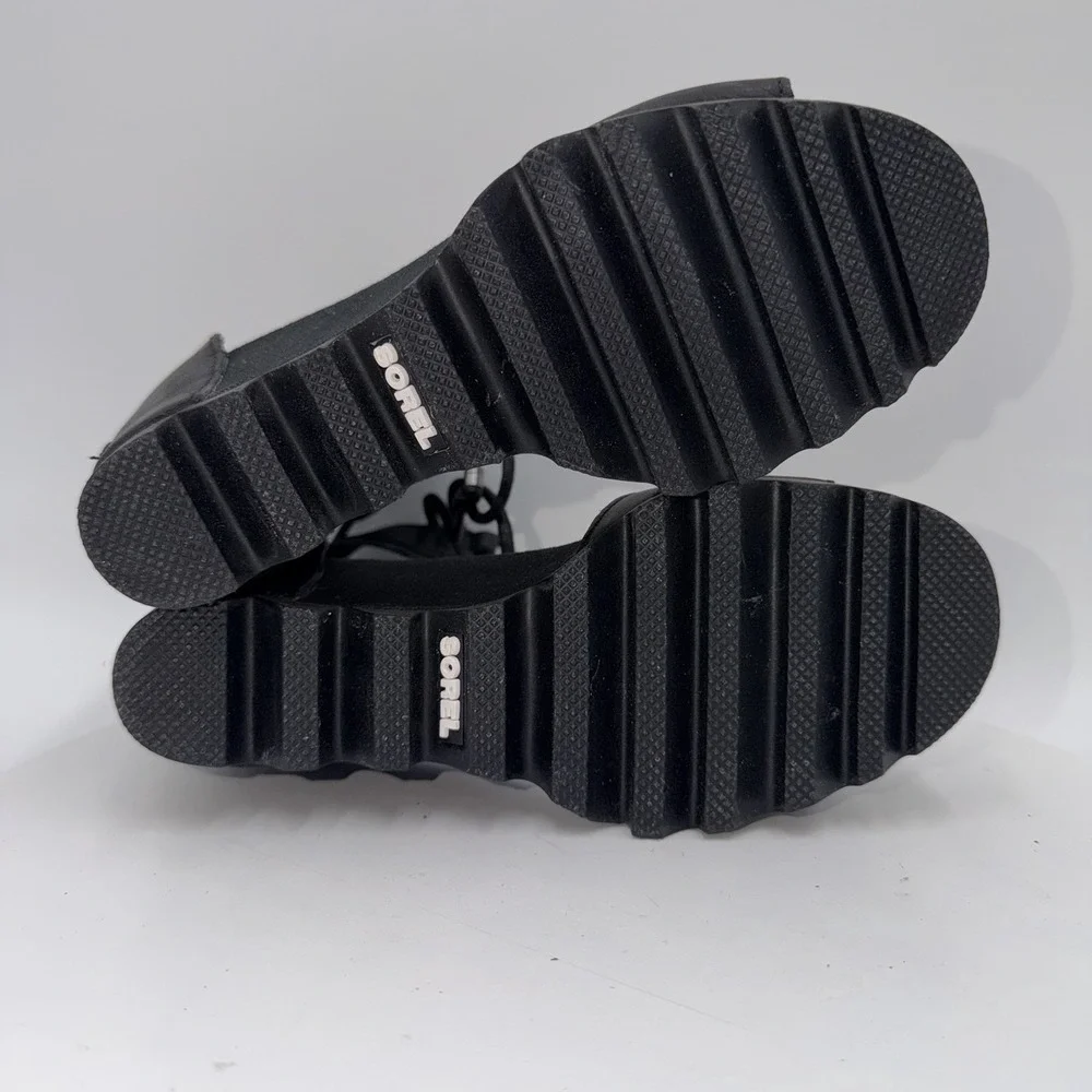 Sorel Joanie Black Leather Ankle Lace Up Wedge Heels Sandals Women's Size 9
